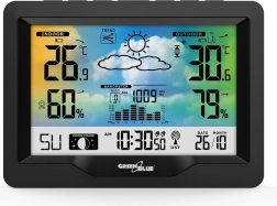 Trådløs vejrstation med DCF, farvedisplay samt måling af temperatur og luftfugtighed GREENBLUE
