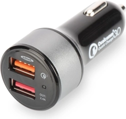 Billader med Qualcomm Quick Charge 3.0, 2× USB (3 A / 2,4 A), sort‑sølv
