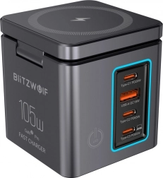 BlitzWolf GaN vægoplader 105 W med USB-A, 3× USB-C og trådløs opladning