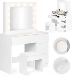 Toiletbord med LED-spejl og 4 skuffer med skammel ModernHome