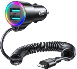 Joyroom biloplader med 2x USB og Lightning-kabel sort