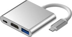 Aluminium USB‑C 3-i-1 hub med HDMI 4K, USB 3.1 og USB‑C strøm – sølv