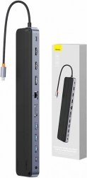 USB‑C hub 12-i-1 BASEUS EliteJoy Gen2 med 2× HDMI, DP, 3× USB 3.0, PD 100 W, RJ45 og SD/TF-kortlæser (mørkegrå)
