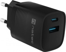 Natec Ribera GaN USB oplader 30W, 1x USB-A, 1x USB-C, sort