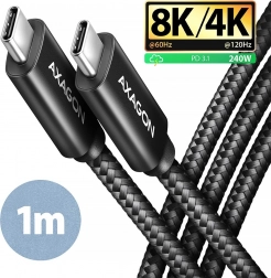 AXAGON USB‑C til USB‑C kabel USB4 40 Gb/s, PD 240 W, 8K, 1 m, aluminium, flettet, sort