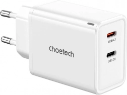 Choetech GaN vægoplader 65 W, 2× USB‑C (hvid)