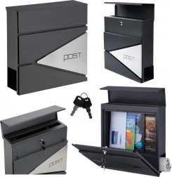 Stor antracitfarvet postkasse til breve og aviser med teksten POST, A4-format