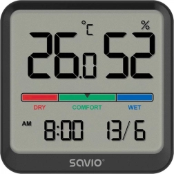 Digitalt termometer og hygrometer SAVIO med LCD, ur og dato, magnetisk holder – sort