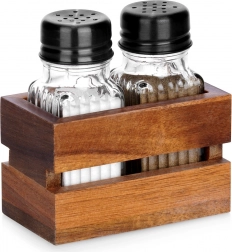 Salt- og pebersæt med holder, 3-delt sæt, glas og træ