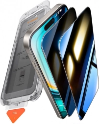 Hærdet glas med privatlivsbeskyttelse TORRAS Install Master til iPhone 16 Plus