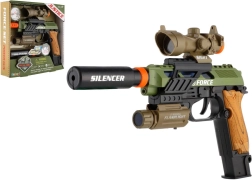 Plastpistol med lys og lyd på batterier med tilbehør