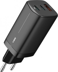 GaN-vægoplader 65 W, 2× USB-C + USB-A, sort