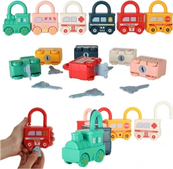 Montessori sæt med låsbare legebiler med nøgler – tog og køretøjer, 13 dele