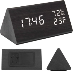 Elektronisk trælook-vækkeur med termometer og hygrometer