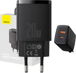 BASEUS 20W hurtig vægoplader med USB‑C og USB (sort)