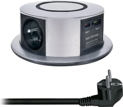 Solight udtræks-/pop-up-stikblok til bordplade 3× 230 V + USB-A/USB-C PD 20 W med trådløs Qi-opladning 10 W, 2 m, sølv