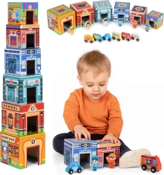 Lag-by tårn – pyramide, sorteringskasser med figurer og køretøjer, 18 dele