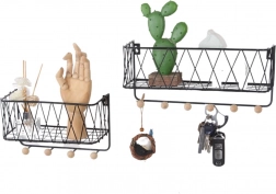 Væghylde med kroge – sort, 25,5 cm