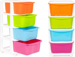 Farvet plastikorganisator med fire skuffer på hjul