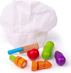 træskåret grøntsager med kokkehue BIGJIGS TOYS