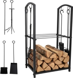 metalstativ til brænde med værktøj og hylder