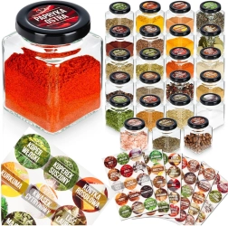 Glaskrydderiglas 100 ml – sæt med 24 stk. og 90 etiketter