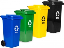 sæt med 4 udendørs affaldsbeholdere 4×120 l med gummihjul – papir, glas, plast/metal og restaffald