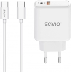vægoplader 30W med USB‑C PD og USB‑A QC + USB‑C kabel – Savio