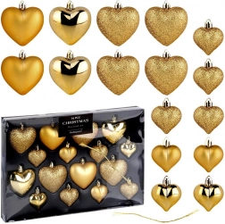 Julepynt hjerter guld, uknuselige, sæt 16 stk (6,5 og 4,5 cm)