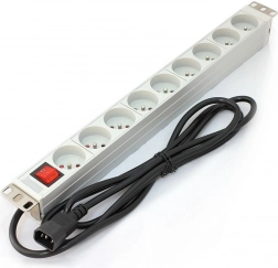 PDU‑liste til 19" rack, 9× stikkontakt Type E, 2 m C14‑kabel, 10 A, afbryder, aluminium