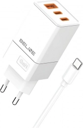 Vægoplader 65W GaN 2x USB‑C + USB‑A med USB‑C‑kabel – Hvid