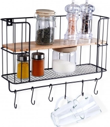 Køkkenvæghylde med kroge 41 × 12 × 25,5 cm, metal og træ