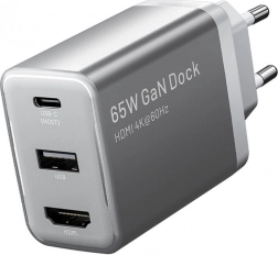 Vention GaN væglader med USB‑C, USB‑A og HDMI 4K 60 Hz (grå)