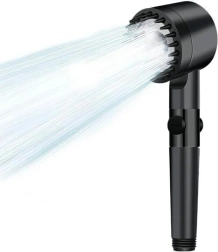 Sort brusehoved med STOP-funktion og regulering af vandstrøm