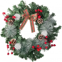 Julekrans med kogler, røde bær og ternet sløjfe 30 cm