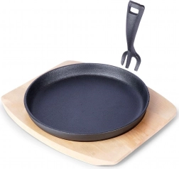 Støbejerns serveringspande med træbræt 22 cm, 2-delt sæt