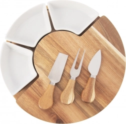 Drejelig akacietræ serveringsplade til ost med 3 skåle og 3 knive, 7-delt sæt