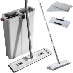 Rengøringssæt med fladmoppe og dobbeltkammer-spand af mikrofiber