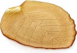 Glasfad i form af blad, gyldent, 27,5 × 24 cm