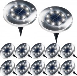 Solcelledrevne nedgravede LED havelamper i rustfrit stål, 12 stk., diameter 11,5 cm