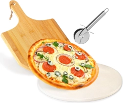 Ildfast pizzasten af chamotte med bambusskovl og pizzaskærer i rustfrit stål, 3-deles sæt