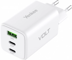 Vægoplader VOLT 65 W GaN, 3× USB (2× USB‑C + 1× USB‑A) med Power Delivery 3.0 og QC 4.0