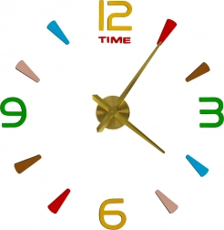 Væghængt DIY-klisterur, 80–90 cm, gyldne visere, farvede markeringer, 4 tal