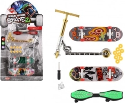 Sæt med finger-skateboards og løbehjul med skruebaserede tilbehør