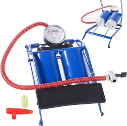 Fodpumpe til bil med dobbelt stempel og adaptere til cykler