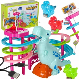 Racerbane med dinosaur med rutsjebane, bevægelige trapper, LED og lyd