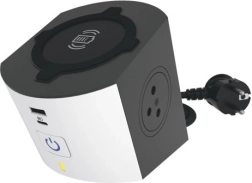 Multifunktionel forlænger-kube med trådløs Qi-opladning og USB A/C, 2 stik, 2 m kabel