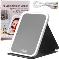 Sammenklappeligt LED-spejl med etui og stander, 3 lysindstillinger, trinløs lysdæmpning, 23 cm