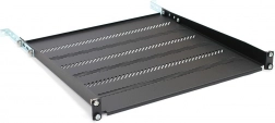 Hylde til 19" rack 1U, 483 × 450 mm, sort, perforeret med justering og støtte