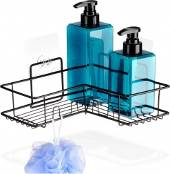 Hjørne-badeværelseshylde med suge/selvklæb fra sort metal VILDE